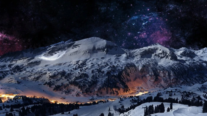 Snowy Mountain At Night nature bright nostalgic 2k
