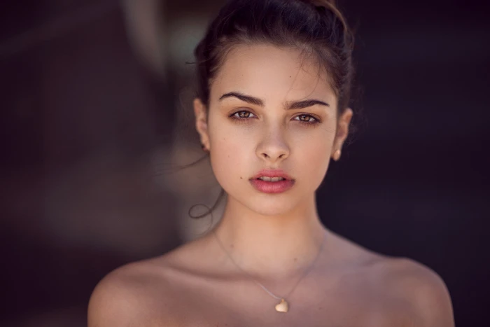 necklace looking at viewer depth of field brunette portrait 2k