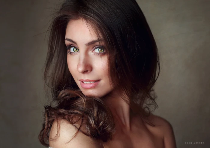 Sean Archer green eyes brunette looking at viewer simple background 2k