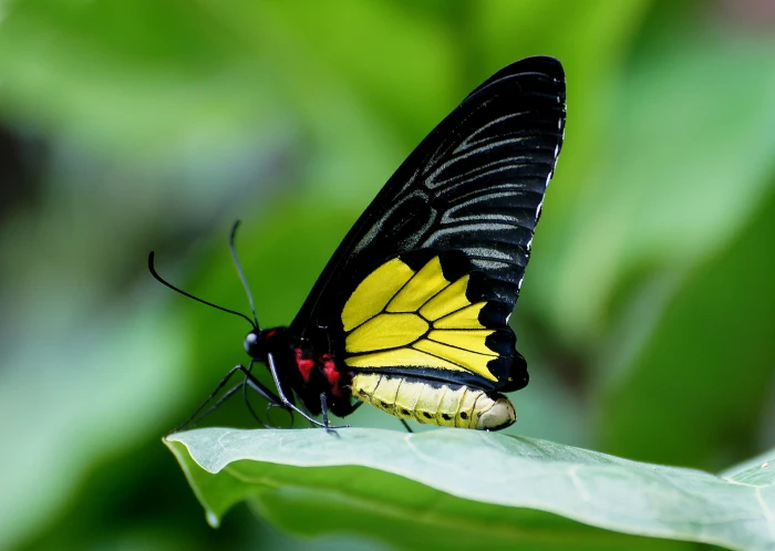 selective focus of black and yellow butterfly on green leaf plant birdwing ornithoptera 2k