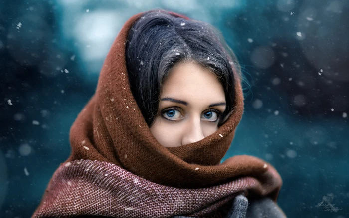women brunette outdoors snow black hair blue eyes 2k
