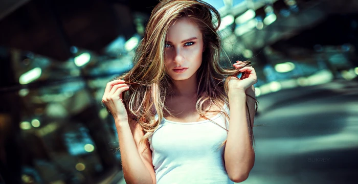 women Kirill Bukrey blonde blue eyes tank top bokeh white tops 2k