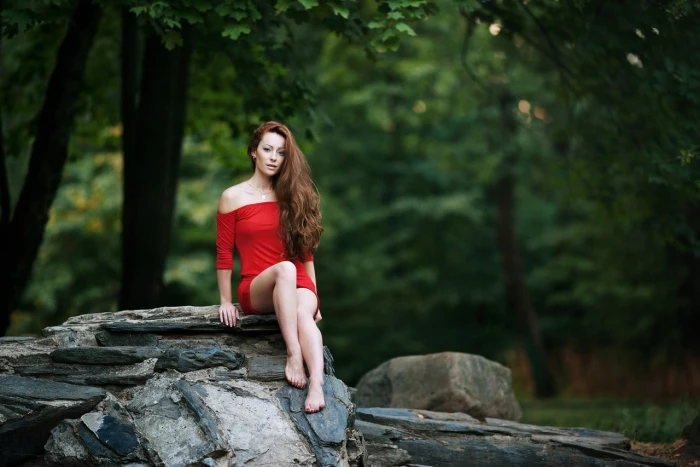 Women Long Hair Sitting Red Dress Rock Trees Bokeh Bare Shoulders women s red off shoulder dress