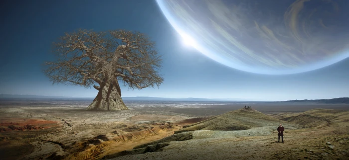 bare tree near person standing fantasy planet landscape mood 2k 4k 5k