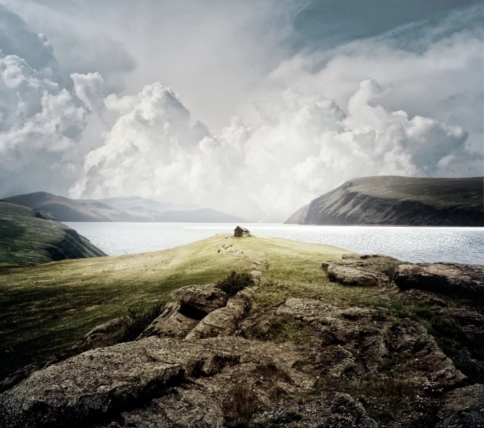 cliff near body of water landscape mountains sea house autumn 2k 4k