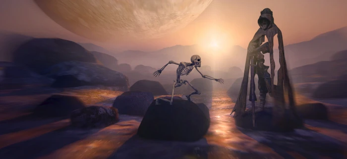 fantasy creepy gloomy weird skeleton guard light planet 2k 4k 5k