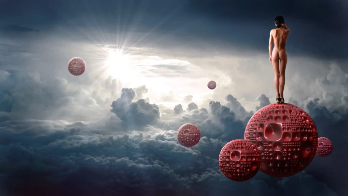 fantasy sky woman float ball mystical fairy tales clouds 2k