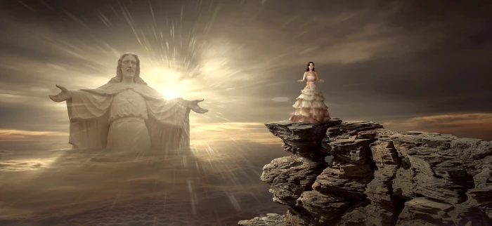 fantasy spiritual jesus statue woman rock sky clouds 2k 4k 5k