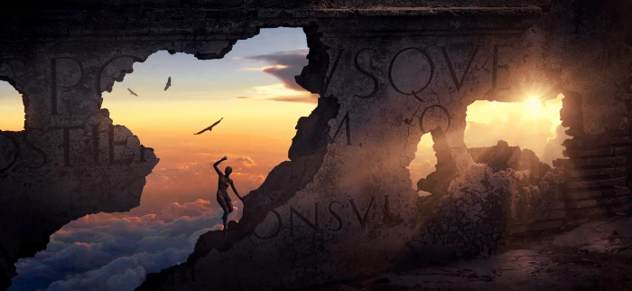 fantasy wall building ruin stone light human clouds 2k 4k 5k