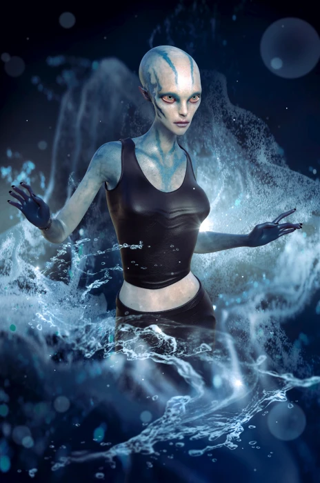 female character in black tank top fantasy alien water book cover 2k