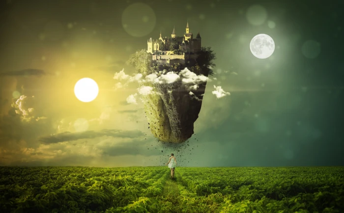Floating Island Aero Creative Girl Photoshop Castle Fantasy 2k 4k 5k