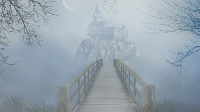fog sky tree mist castle fantasy art gothic bridge footbridge 2k 4k
