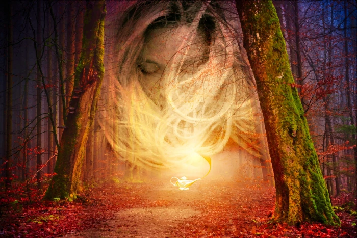 forest light spirit lamp aladdin nature trees autumn 2k 4k 5k