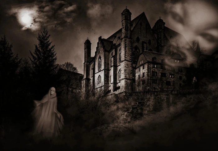 ghost near 2 storey house digital wallpaper castle mystical 2k