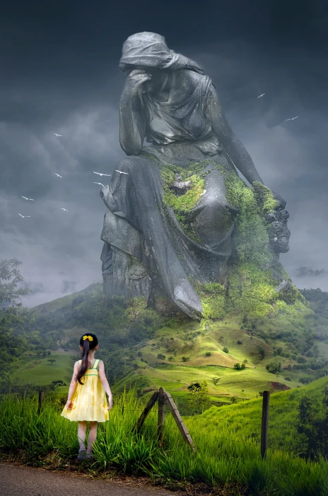 girl in yellow sundress front of a giant woamn statue fantasy 19 2k
