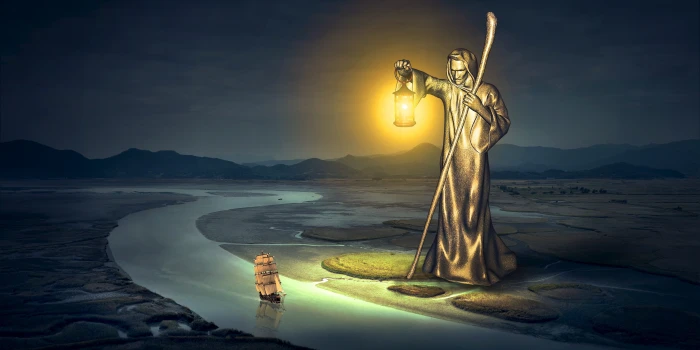 God of water holding lantern digital wallpaper fantasy river 2k 4k 5k