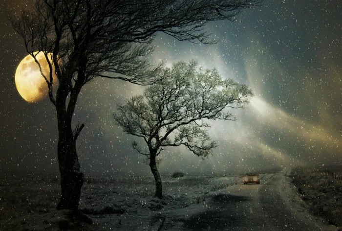 low light photographed of milky way winter snowfall road auto 2k