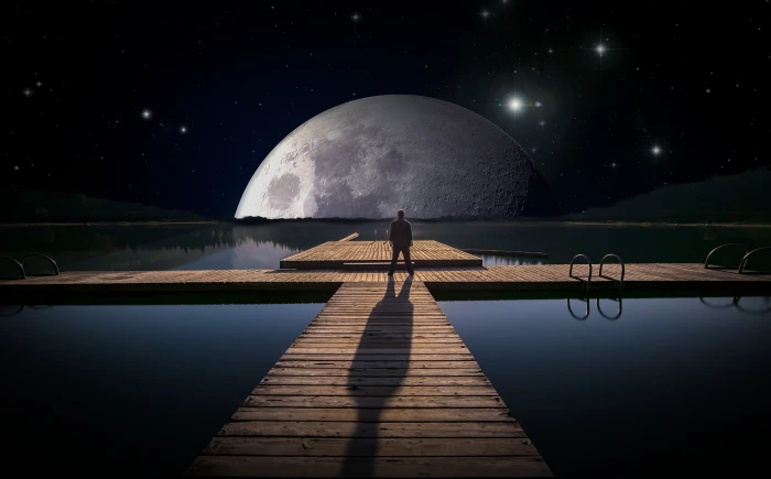 man standing on dock facing moon digital wallpaper lake web 2k 4k 5k