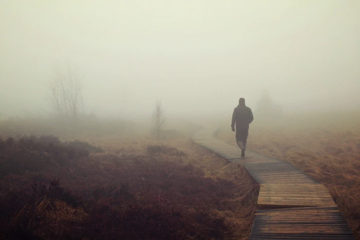man walking on boardwalk with fogs moor marsh nebellandschaft 2k 4k