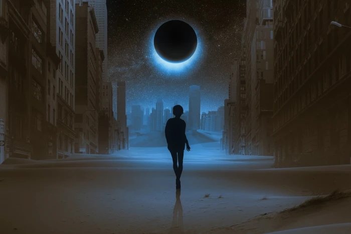 movie scene silhouette full moon mystical art one person 2k 4k 5k
