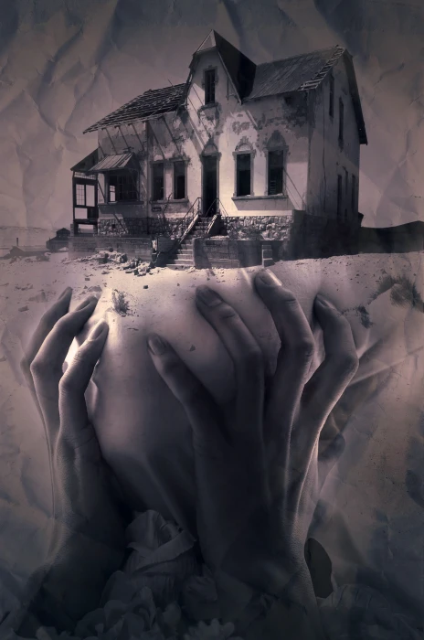 person s hand under house illustration fantasy book cover home 2k