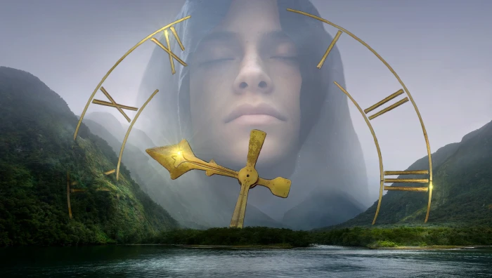 photo of green mountains with person wearing black hijab headdress and gold analog clock overlay 2k 4k 5k