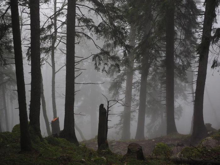 silhouette of tree trunks with mist during daytime storm damage 2k 4k 5k