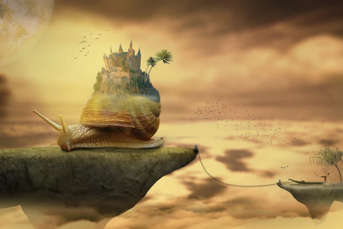 snail castle on floating island during golden hour waters travel 2k 4k 5k 8k 10k