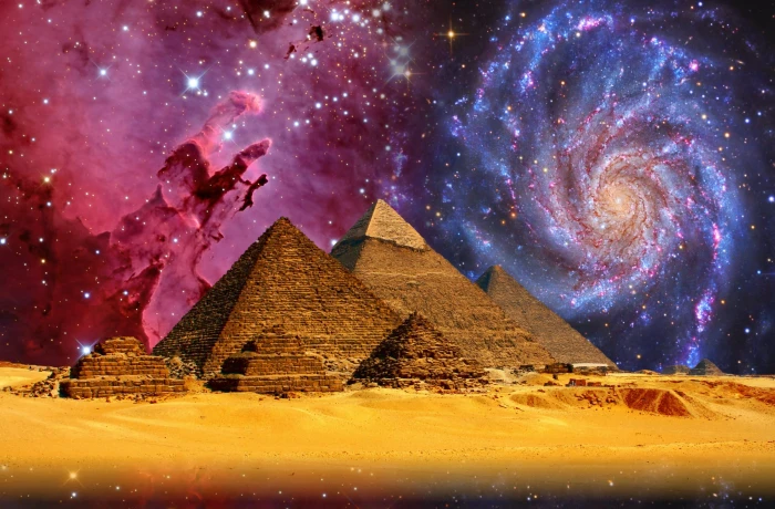 The Pyramid of Giza under a nebula and andromeda galaxy gizeh 2k