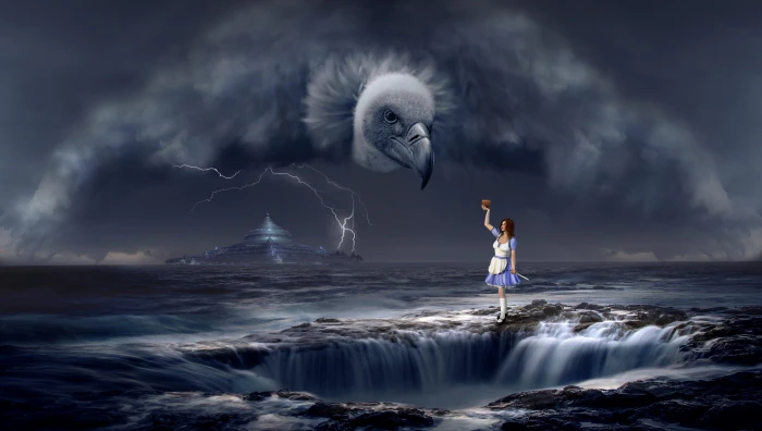 woman in white and purple dress standing on water while raising her hand towards a gray clouds 74 2k 4k 5k