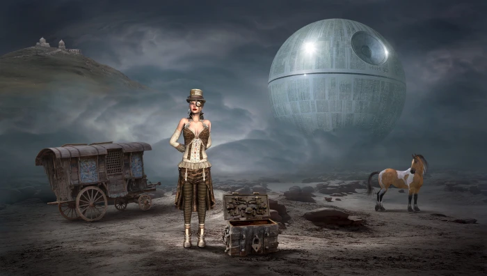 woman standing beside chest box with Star Wars Death background digital wallpaper 2k 4k 5k