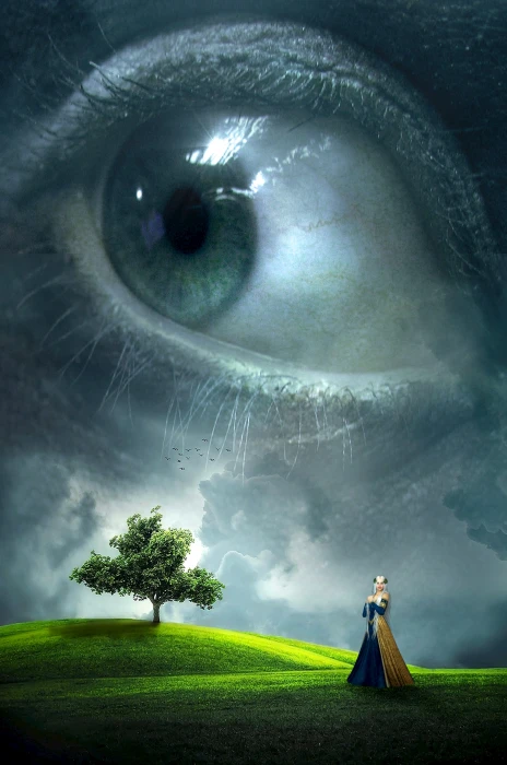woman standing on grassy hill fantasy book cover eye landscape 2k