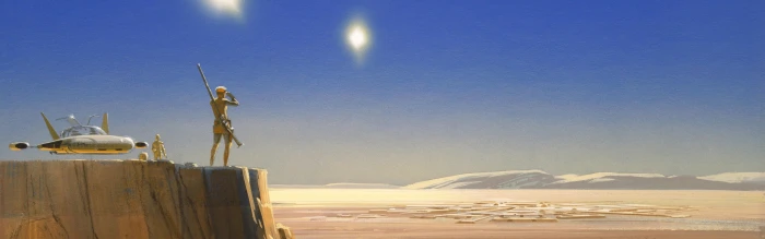 man standing on cliff illustration Tatooine desert artwork widescreen dualmonitor dualscreen 2k 4k