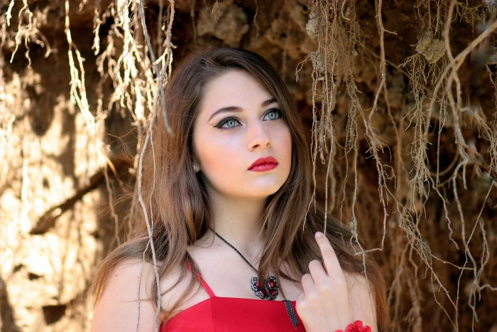 woman wearing red spaghetti strap top girl green eyes beauty 2k 4k