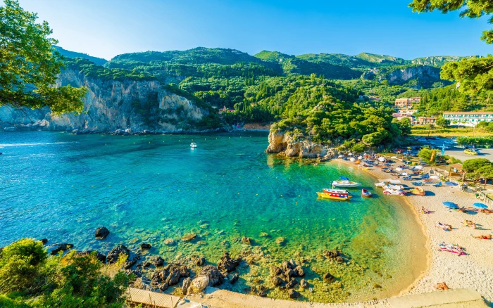 Beaches On Corfu Island Ionian Sea Greece Sandy Beach Dense Green Forest Olive Trees Limestone Rocks Paradise Desktop Wallpaper Hd 2k 4k 5k
