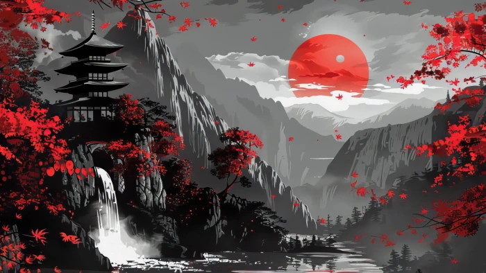 Japanese Pagoda Waterfall Scenery 2k