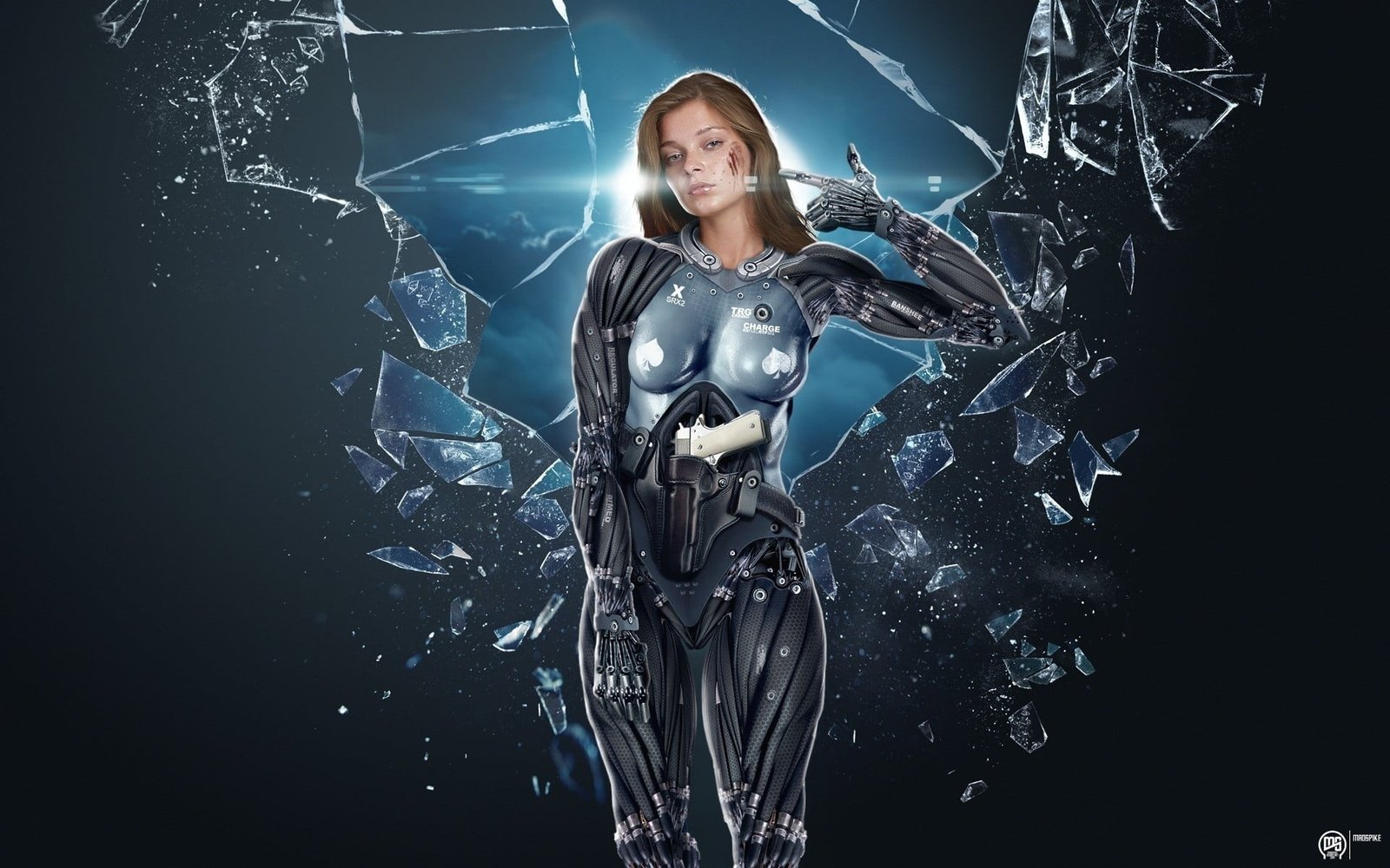 woman in black and blue suit illustration artwork women broken glass