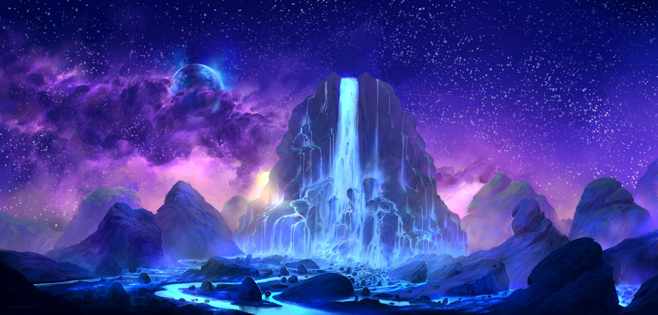 mountain and waterfall illustration digital art fantasy 92 2k