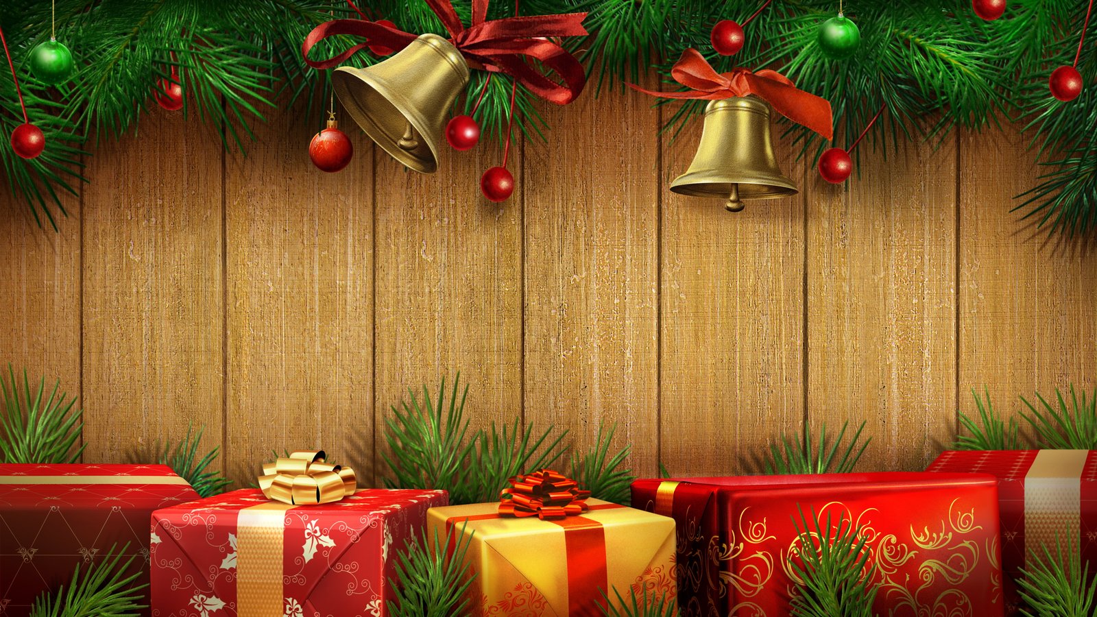 Merry Christmas with bell and gift boxes color gold sweetheart 2k 4k 5k