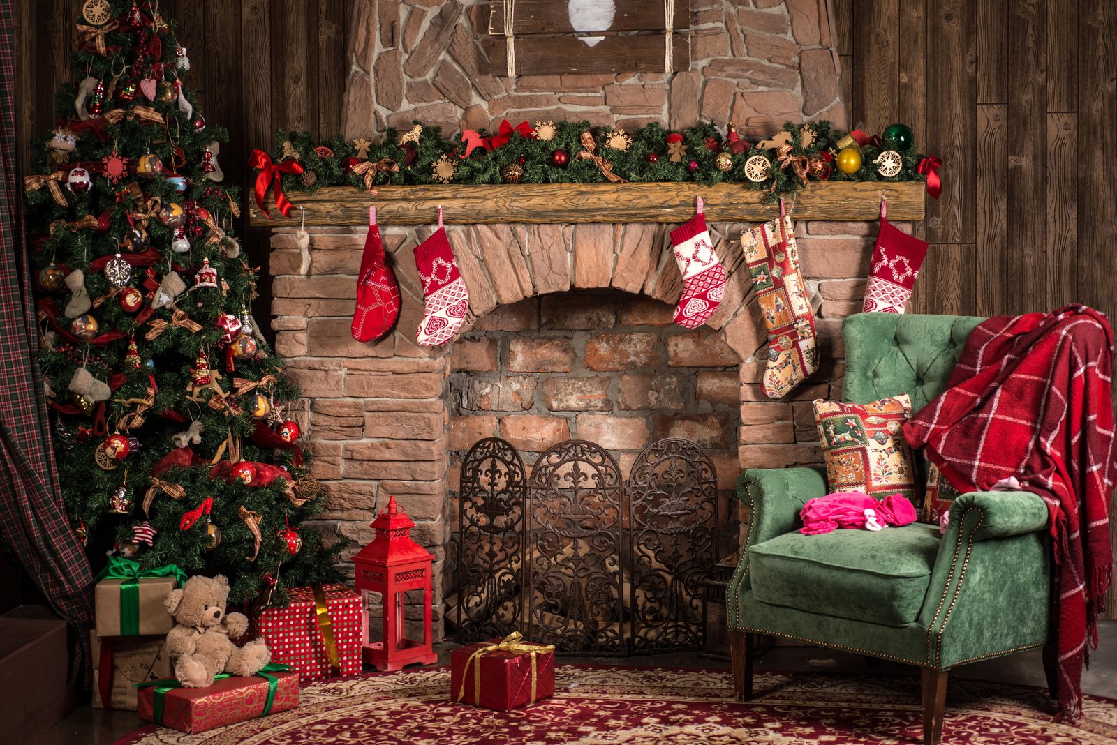 green sofa chair and Christmas decors toys tree gifts New year 2k 4k 5k