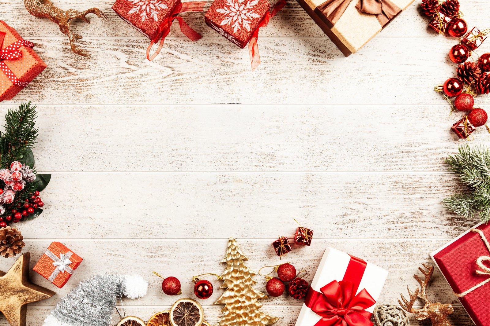 Christmas Board Decors background balls boxes christmas decorations 2k 4k 5k