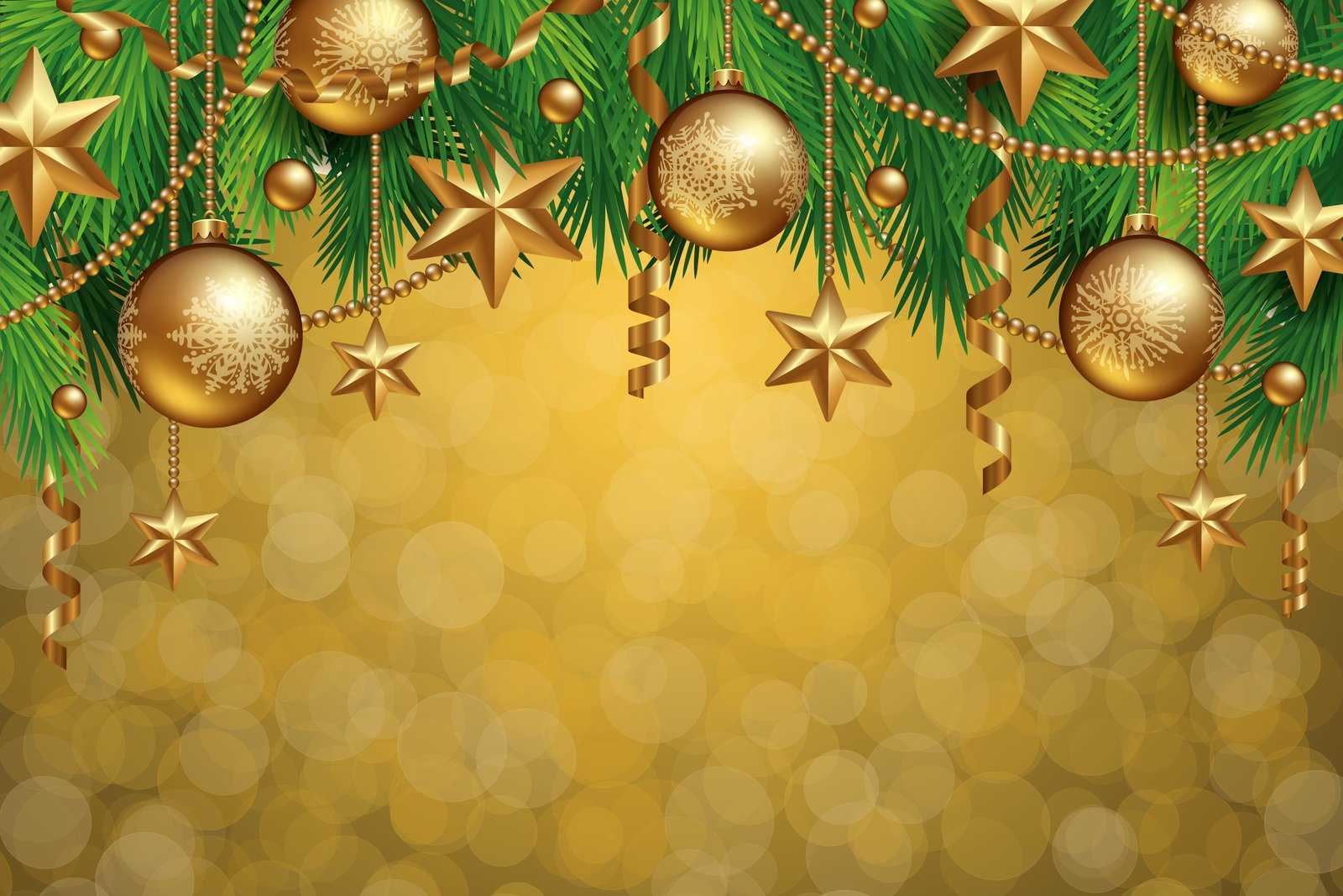 gold baubles and green Christmas tree illustration decoration 2k 4k 5k