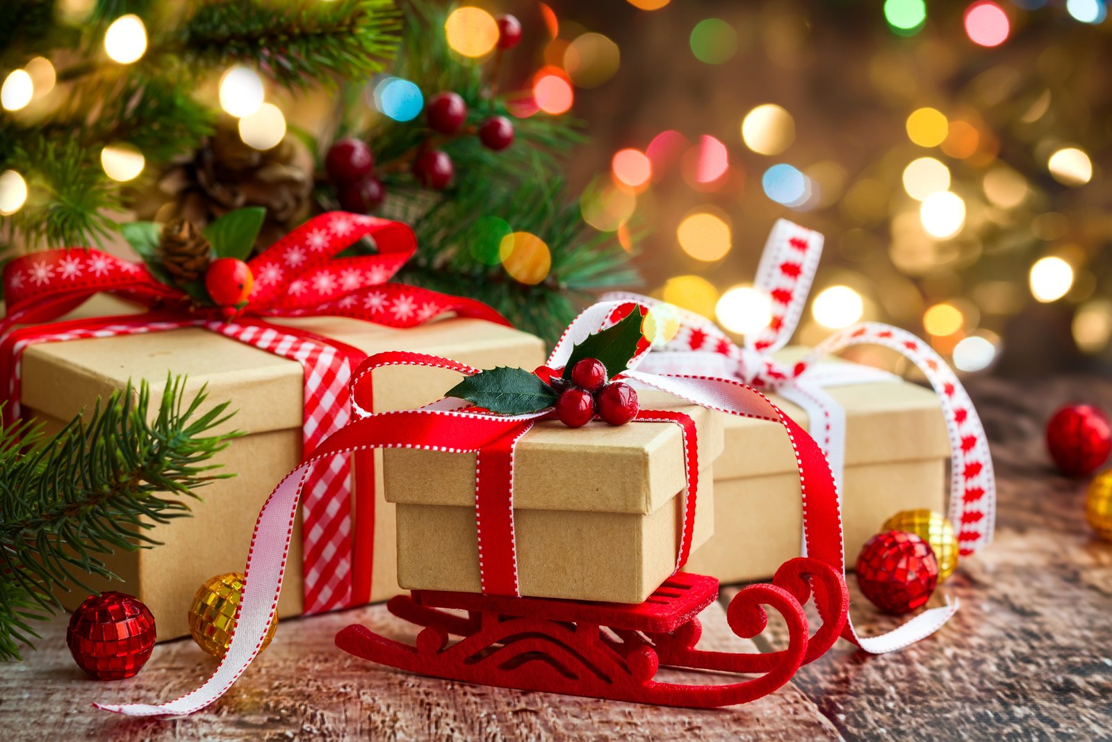 three Christmas gift boxes decoration New Year gifts Merry 2k 4k 5k