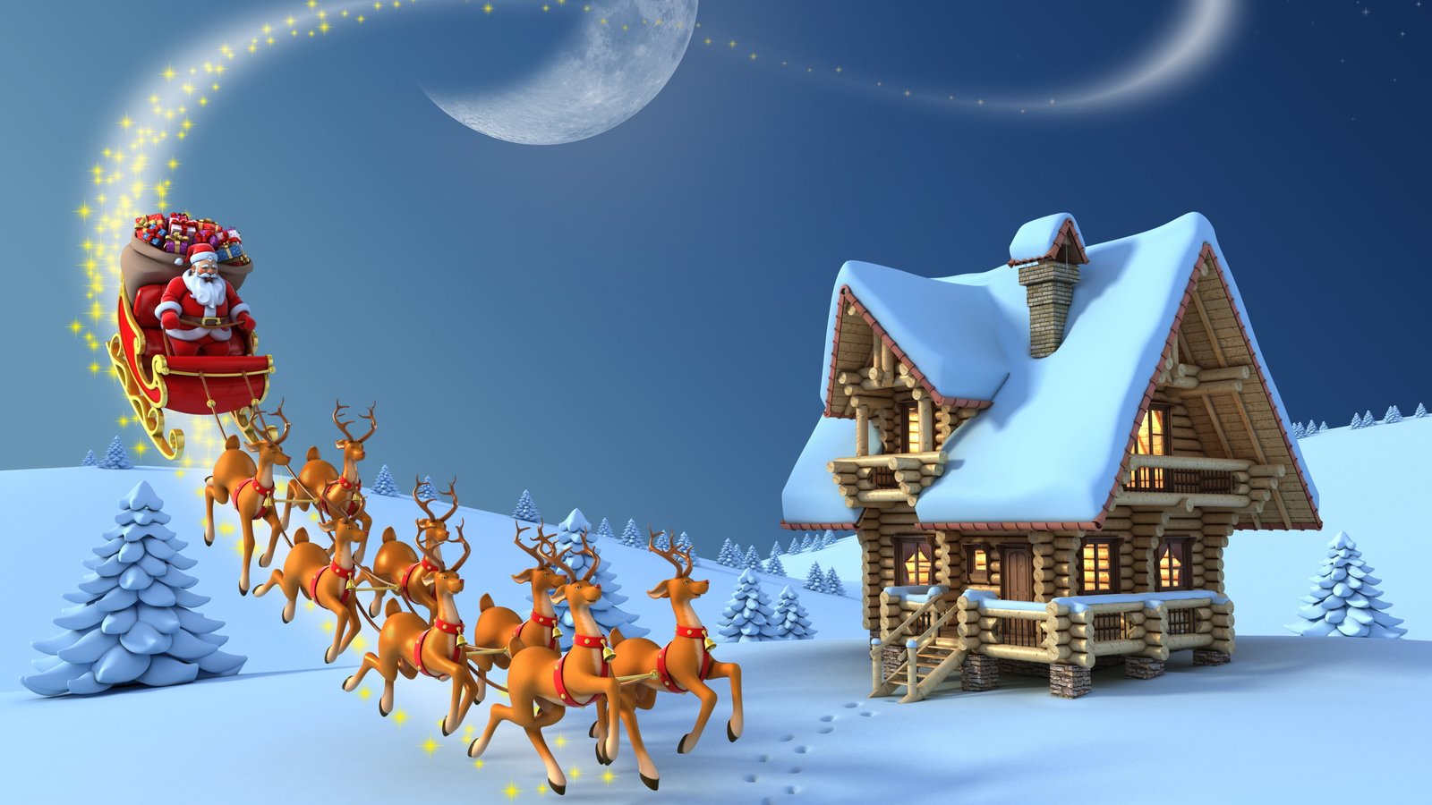 winter log cabin night santa claus sleigh carriage 2k 4k 5k