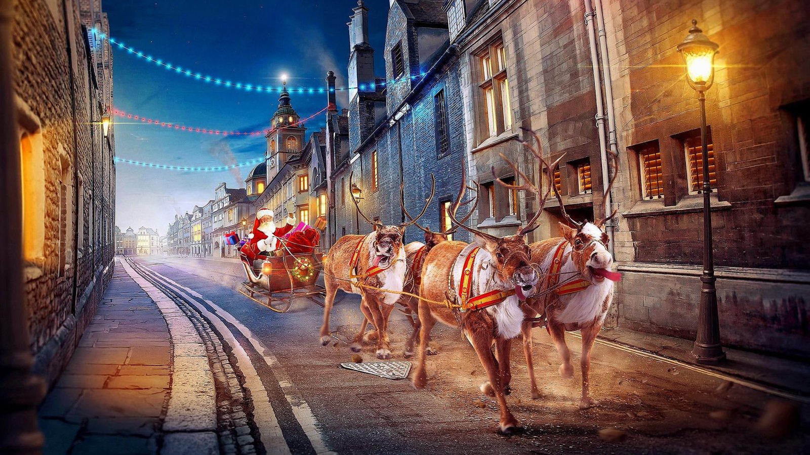 santa claus sleigh reindeer street light christmas