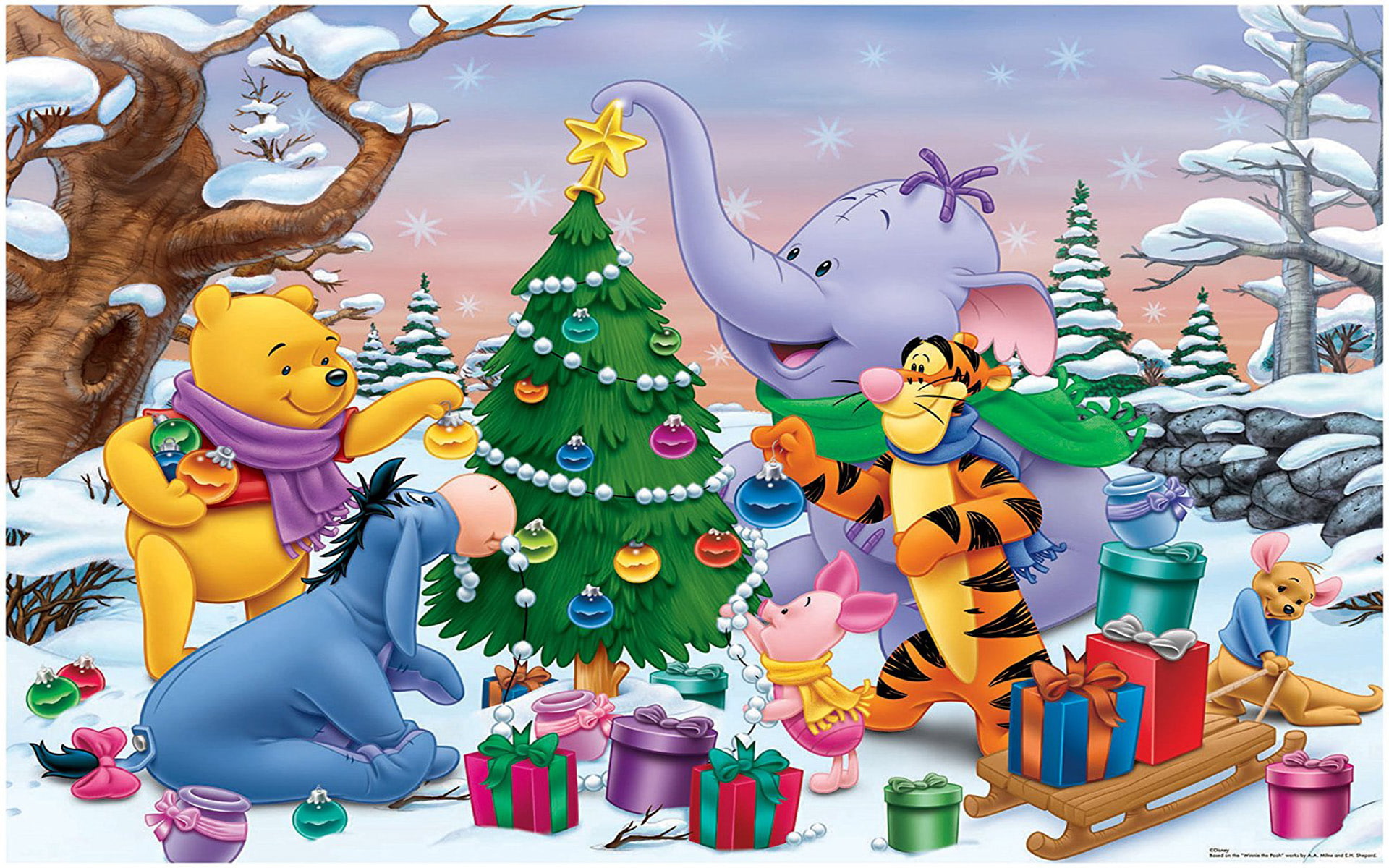 Cartoon Winnie The Pooh And Friends Decorating Christmas Tree Gifts Desktop Wallpaper Hd For Mobile Phones Laptops