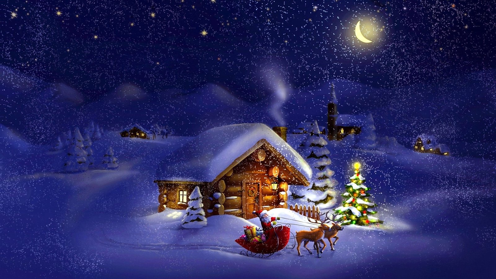 winter night santa claus snow snowing log cabin christmas