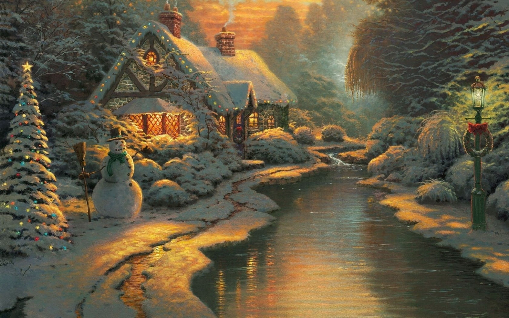 riverside cabin illustration Christmas postcard Thomas Kinkade 88