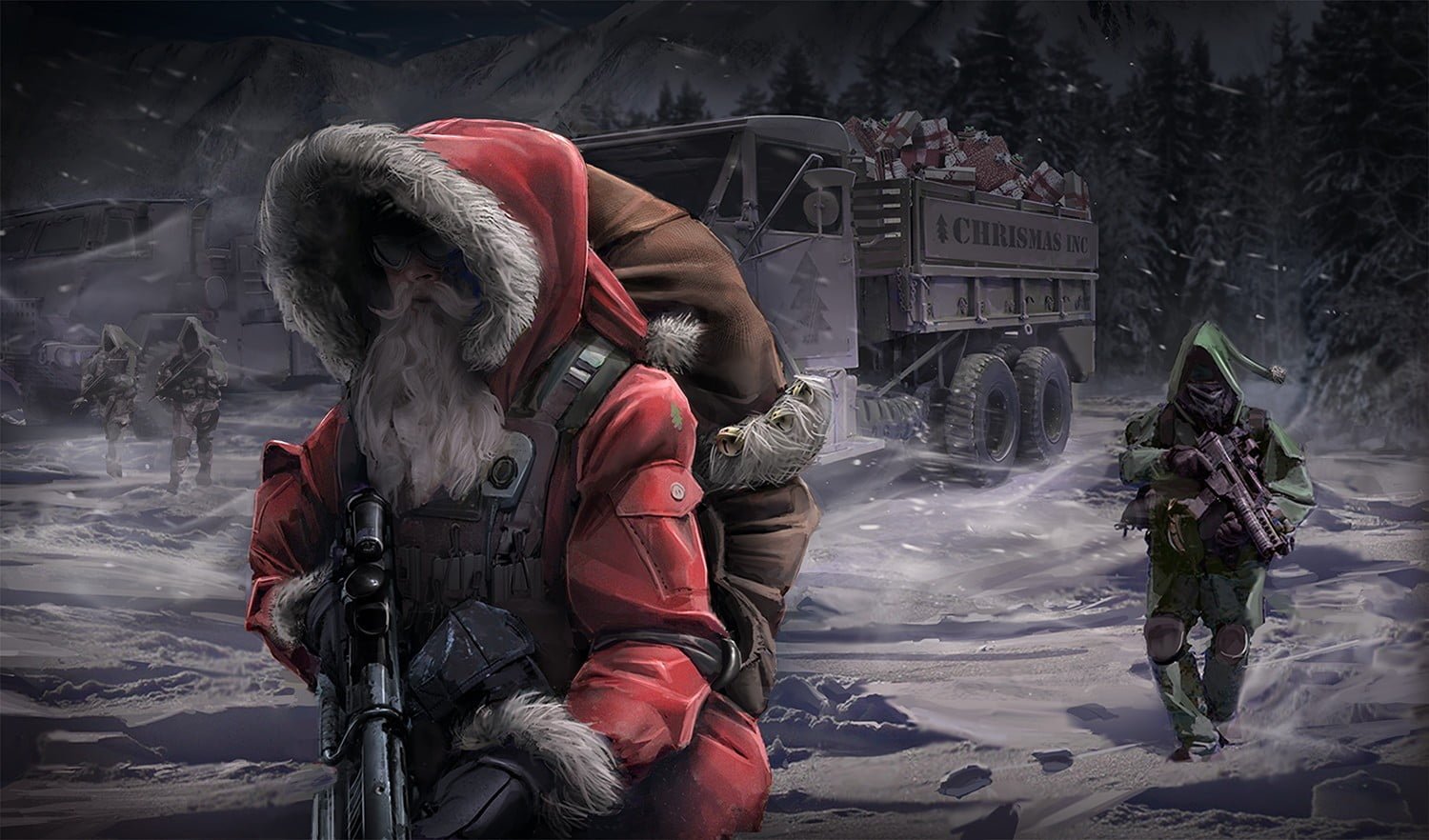 soldiers illustration santa elves Christmas real people