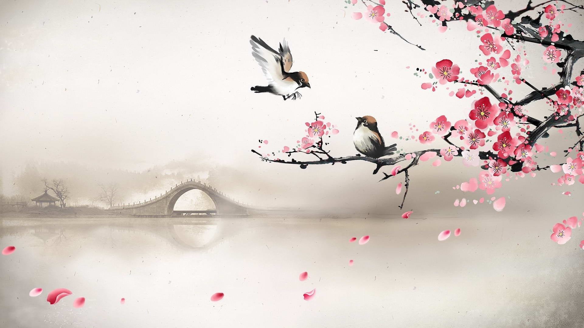 two bird and cherry blossom tree clip art bridge fog river 85